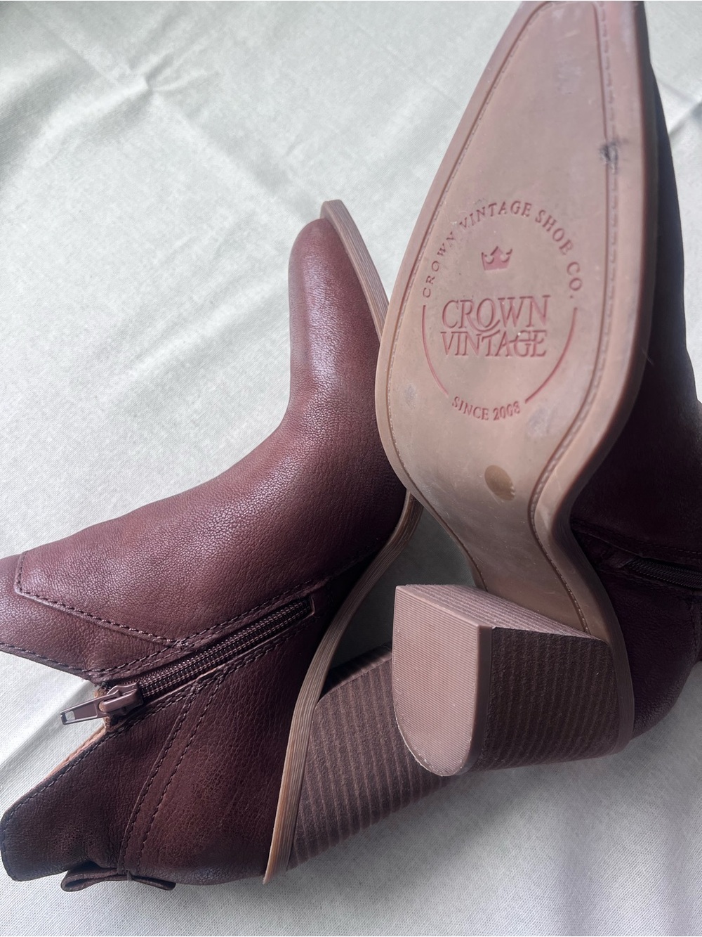 Crown Vintage Brown Leather Stacked Heel Ankle Booties - Picture 5 of 10